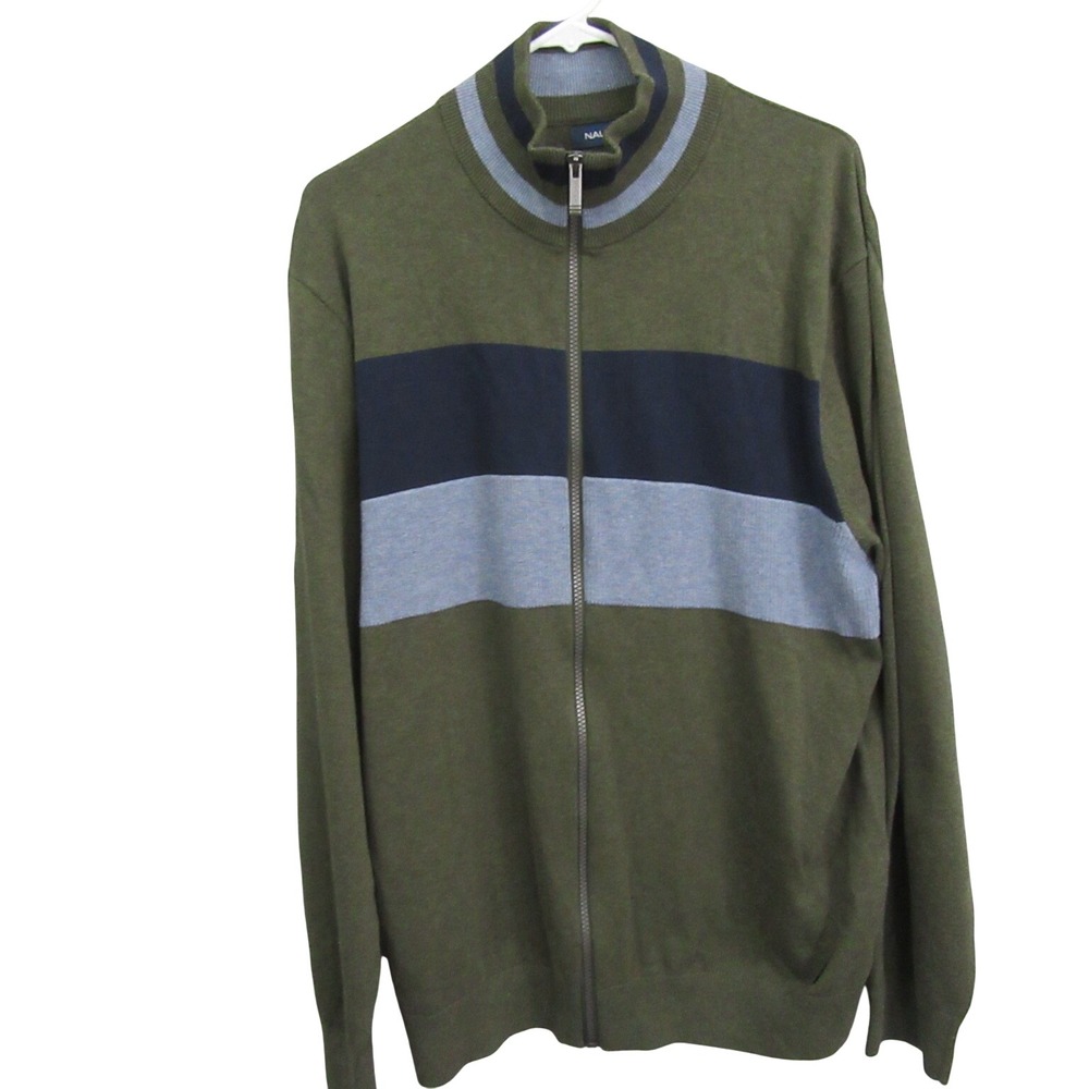 Nautica Mens Cardigan Sweater XL Green Blue Color Block Full‎ Zip Knit